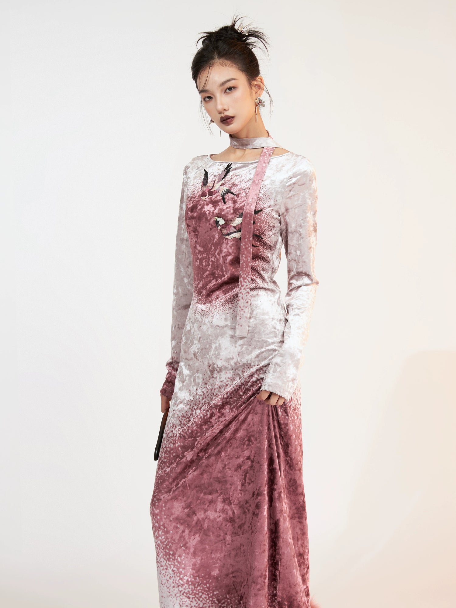 Fur Stitch Chinese Style Velvet Printing Long Dress