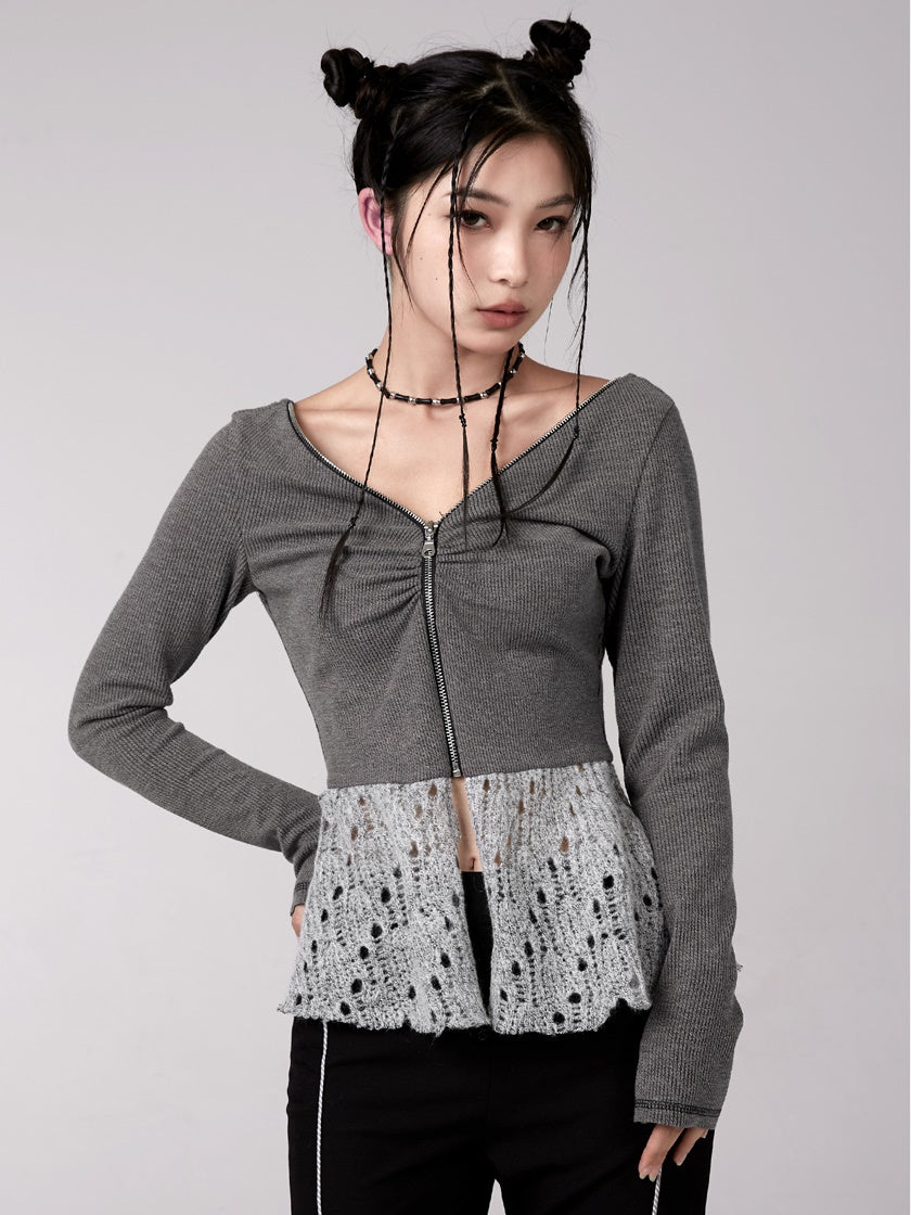 V-NECK ZIPPER KNITTED CARDIGAN