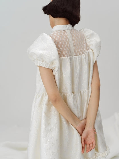 Puff Sleeve Lace Stitching A-Line Skirt