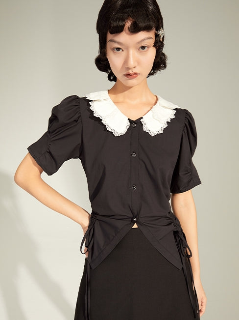 Retro Folded Collar Short-Sleeed Shirt