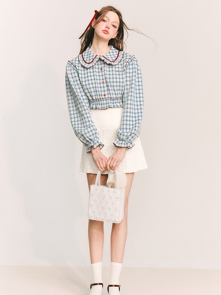 PLAID DOLL COLLAR PUFF SLEEVE SHIRT