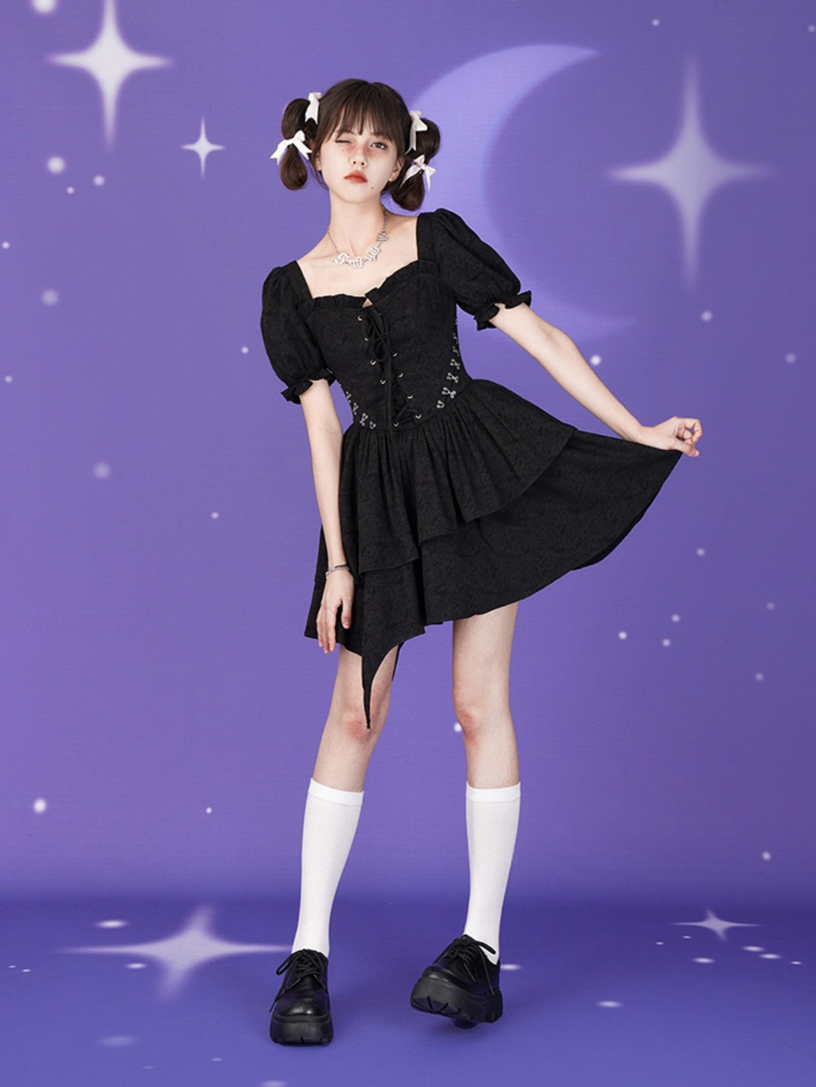 Laceup Short-Sleeed Tutu Dress