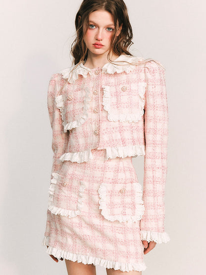 Lace Stitch Plaid Jacket &amp; Half Skirt