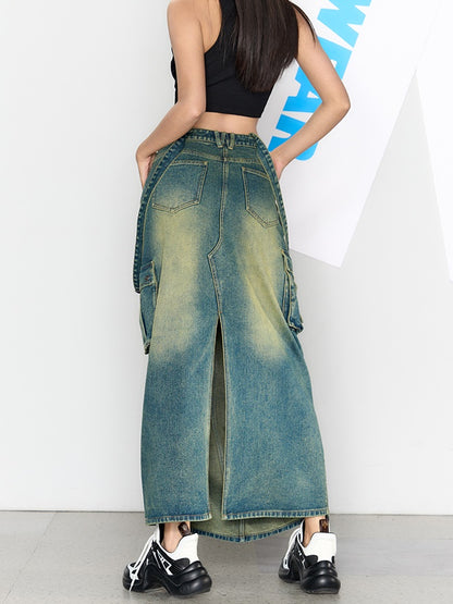 Washed Denim Tooling Suspenders Skirt