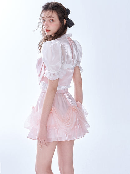 Pink Glossy Bow Halter Corset + Ruffle Skirt