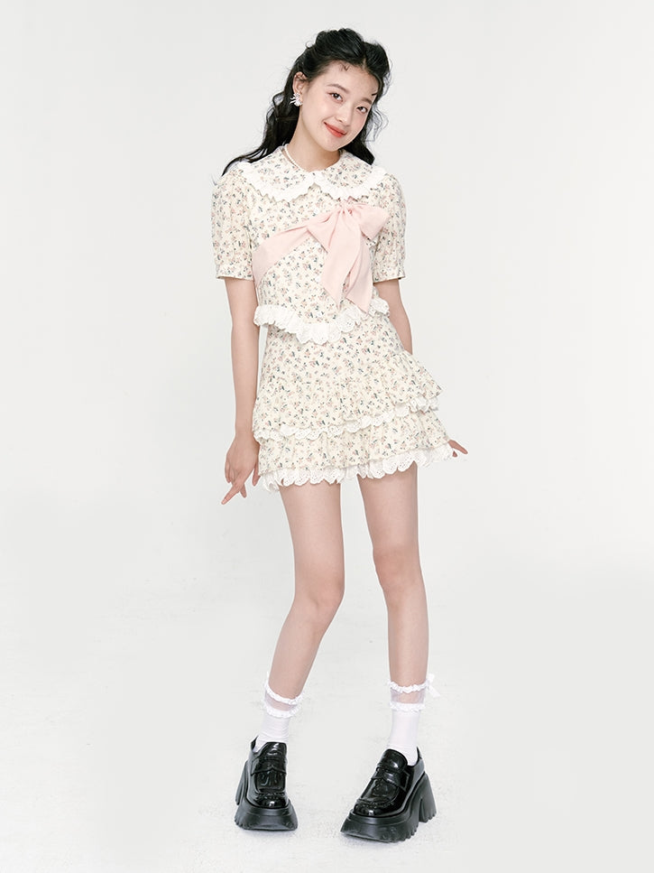 Bow Lace Short-sleeved Shirt