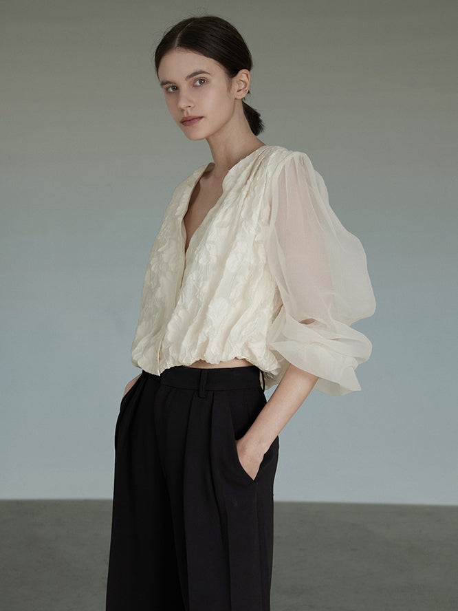 Jacquard Tulle V-neck Shirt