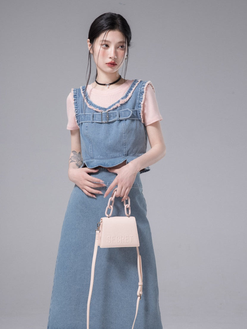 Denim Vest &amp; Skirt &amp; Bottoming T-Shirt Set-UP