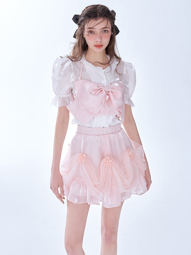 Pink Glossy Bow Halter Corset + Ruffle Skirt