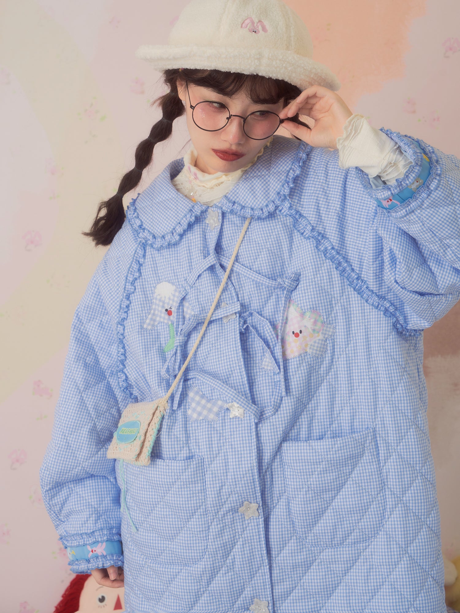 Grid Patchwork Design Doll Collar Long Coat