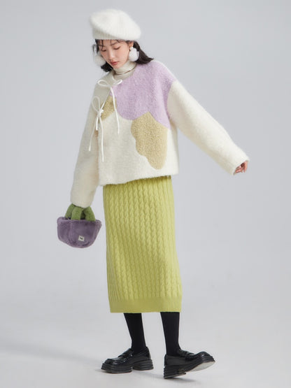 Contrast Color Peony Slanted Placket Heavy Woolen Coat