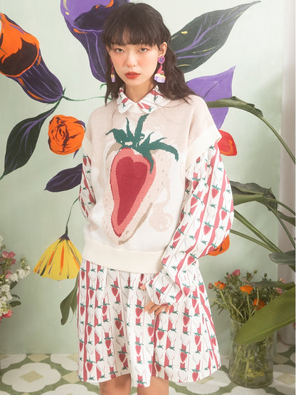 Strawberry Full Print High Waist Doll Collar Dress