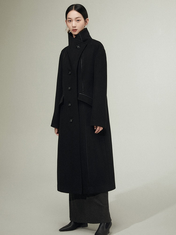 Patchwork Leather Wool Long Coat