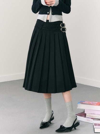 Double Belt Pleated Long Skirt