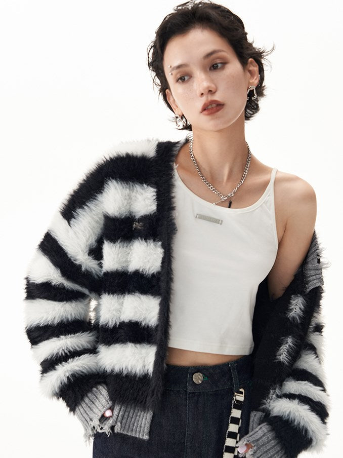 Stripe Imitation Mink V-Neck Cardigan