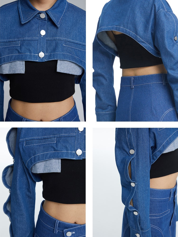 Denim Cropped Jacket Wave Bolero