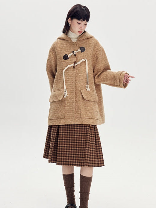 Hooded Horn Buckle Wool Coat