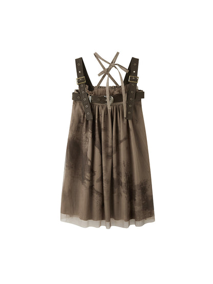 Belt Graffiti Suspender Gauze Dress