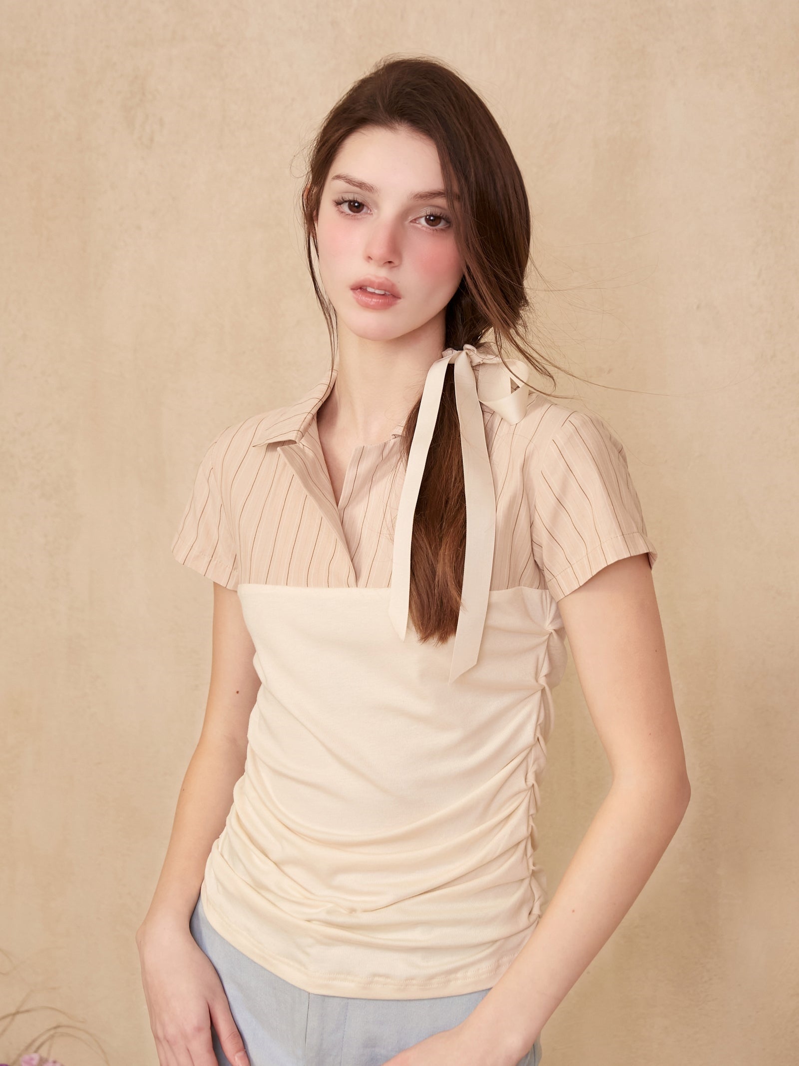 Vertical Stripe Stitching Short Sleeves Top