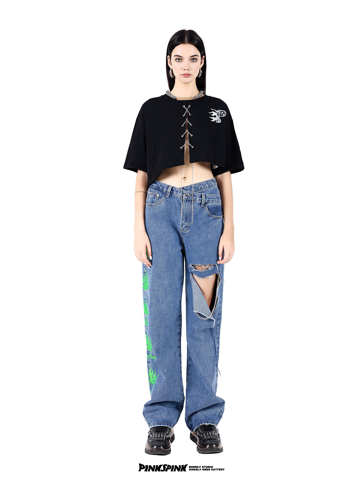 Damage High-Waist Wide-Leg Denim Pants