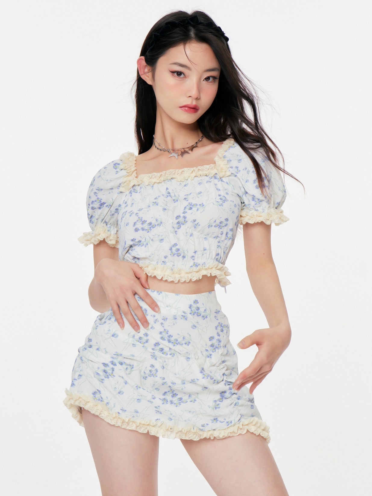 Lace Floral Shirt &amp; Half Skirt