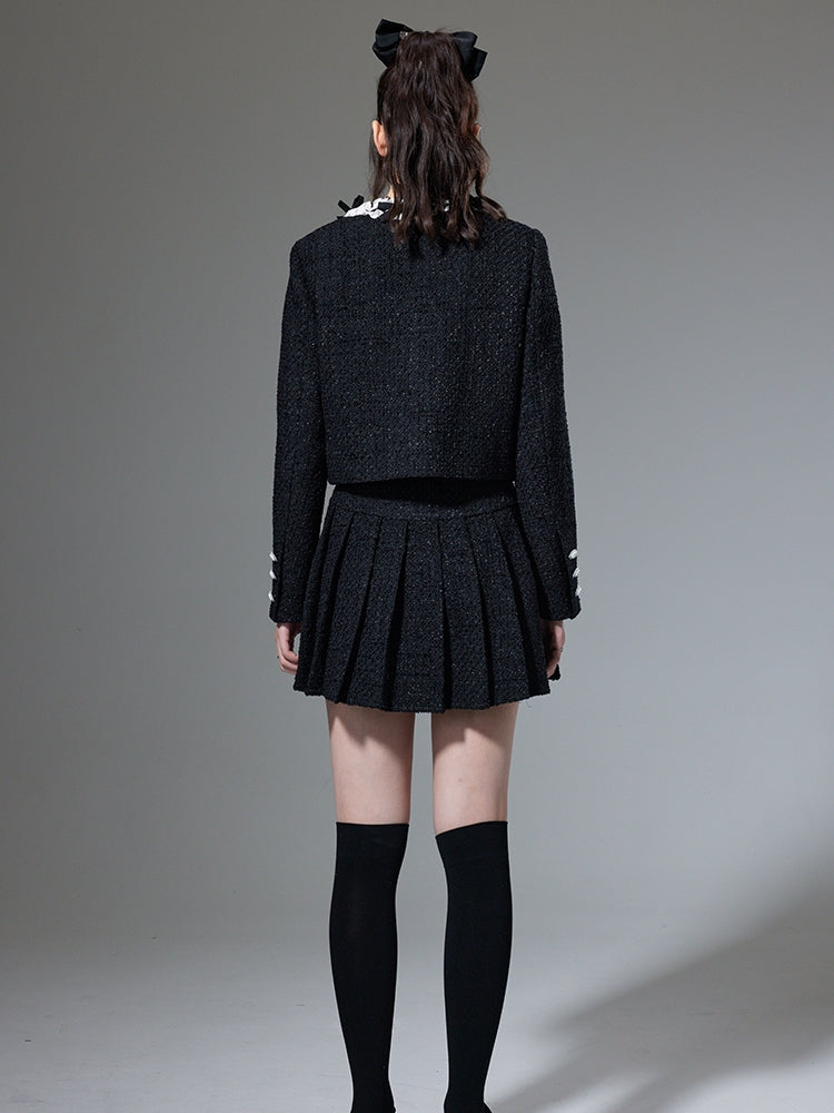 Round Neck Bow Cardigan Jacket &amp; PLEATED SKIRT