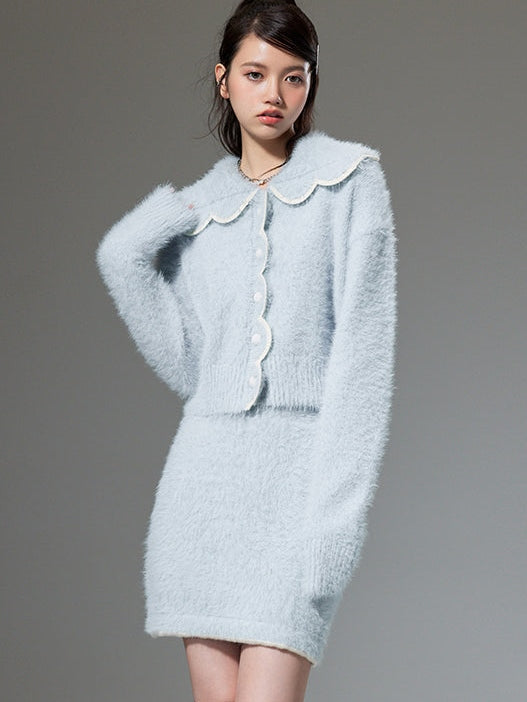 Plush Knitted Cardigan &amp; Skirt