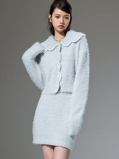 Plush Knitted Cardigan &amp; Skirt