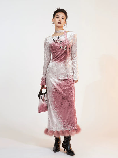 Fur Stitch Chinese Style Velvet Printing Long Dress