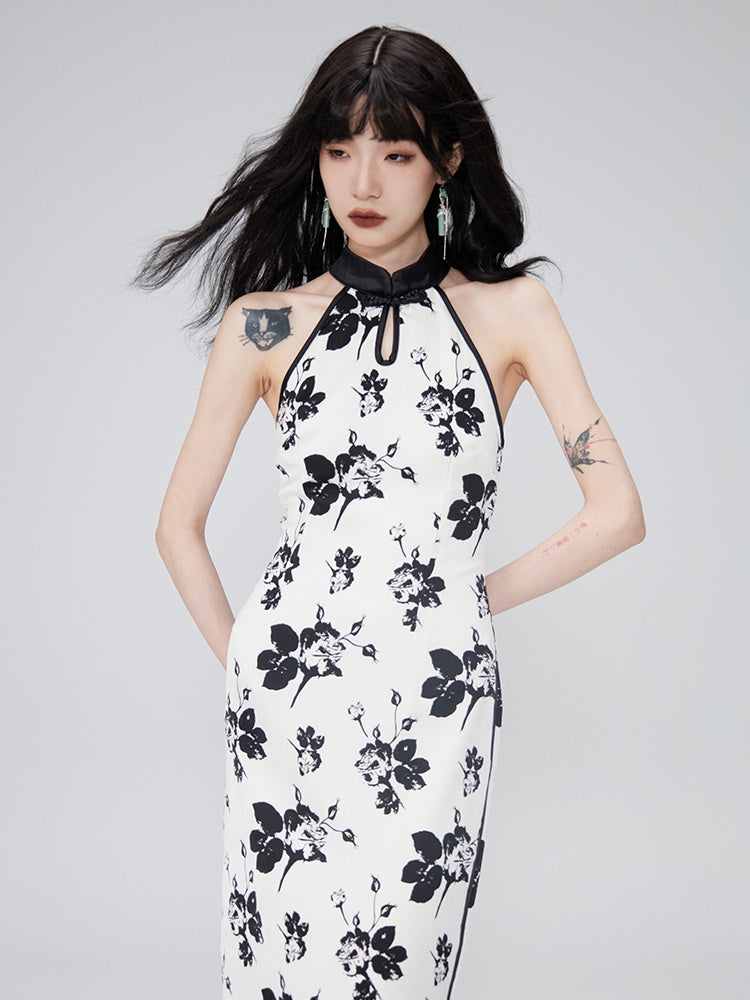 Chinese-style Printed Sleeveless Dress &amp; Cardigan Shirt