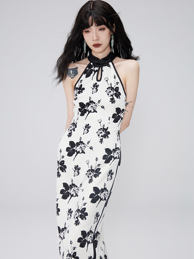 Chinese-style Printed Sleeveless Dress &amp; Cardigan Shirt