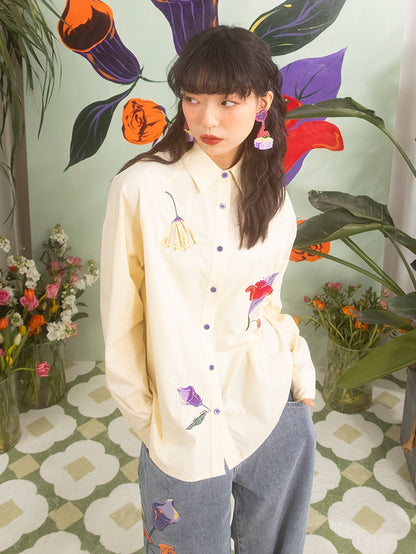 Flower Embroidery Raglan Sleeve Loose Shirt