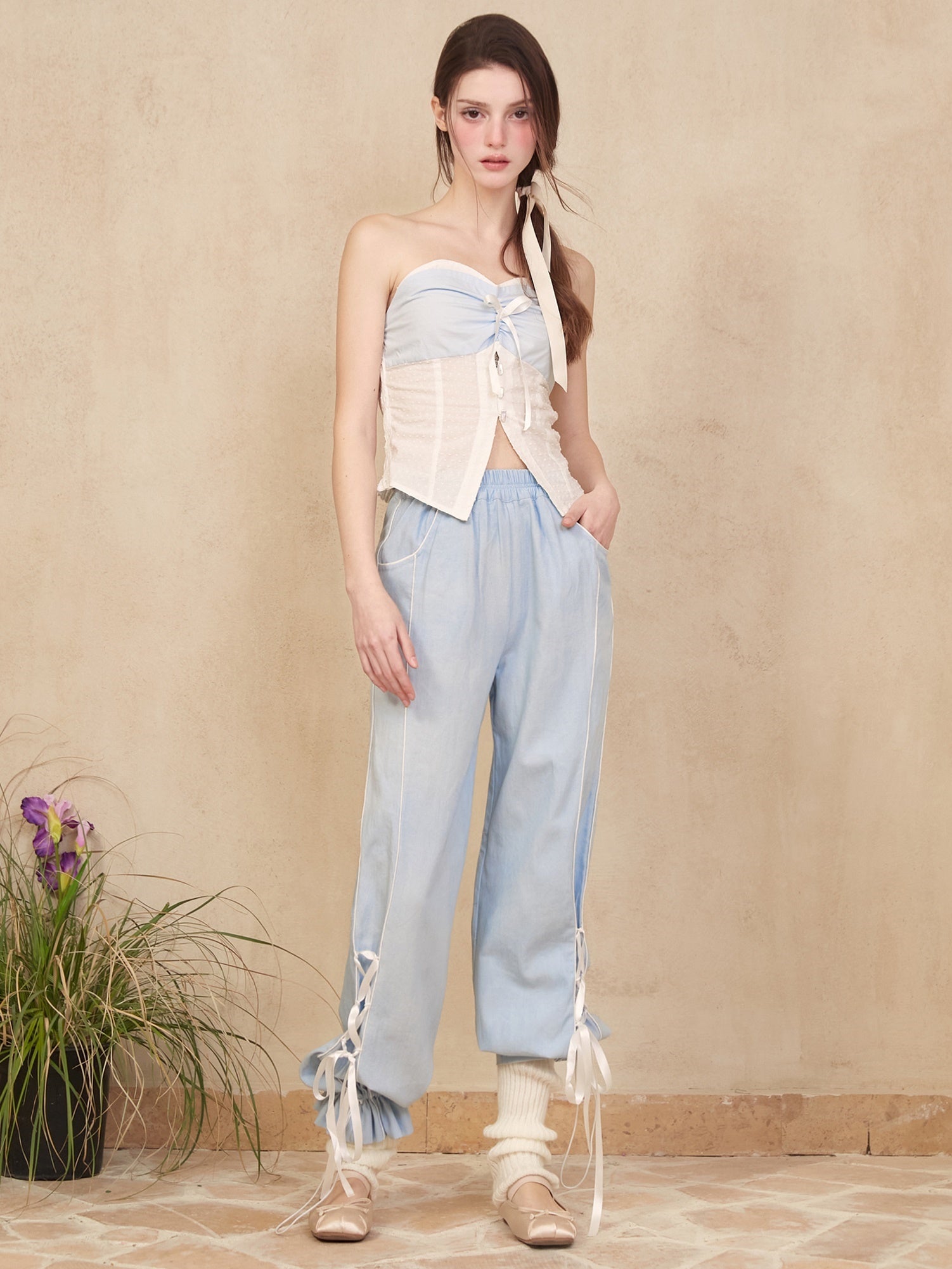 Denim Ballet Lace-up Ribbon Pants