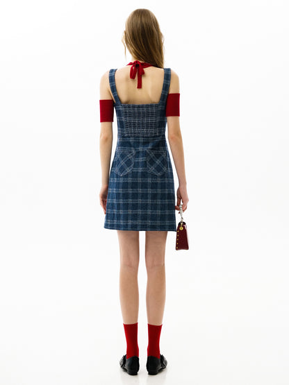 Retro Strap Denim Plaid Skirt