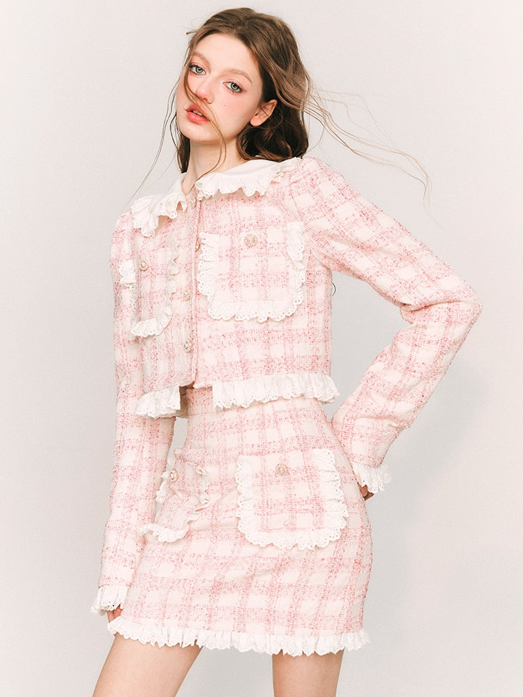 Lace Stitch Plaid Jacket &amp; Half Skirt