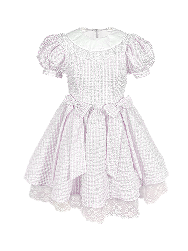 Stripe Bow Puff Ärmel Spitzenpuppenkleid