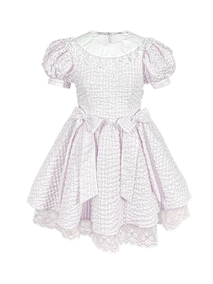 Stripe Bow Puff Ärmel Spitzenpuppenkleid