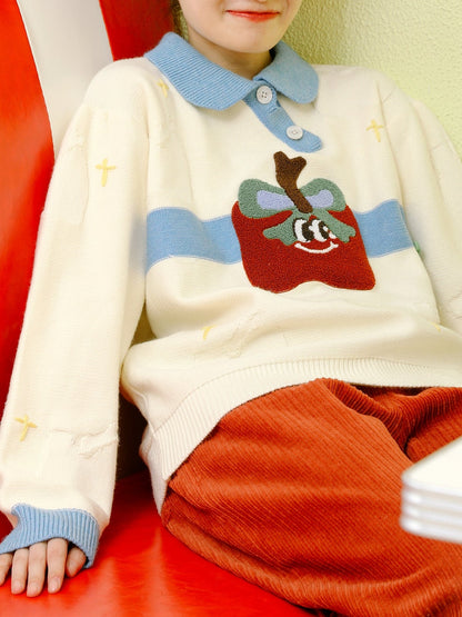 Embroidered Star Apple Doll Collar Sweater