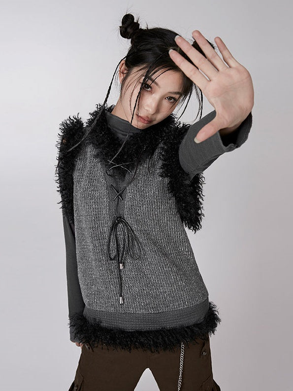 Plush Three-dimensional Design Knitted Pullover Vest