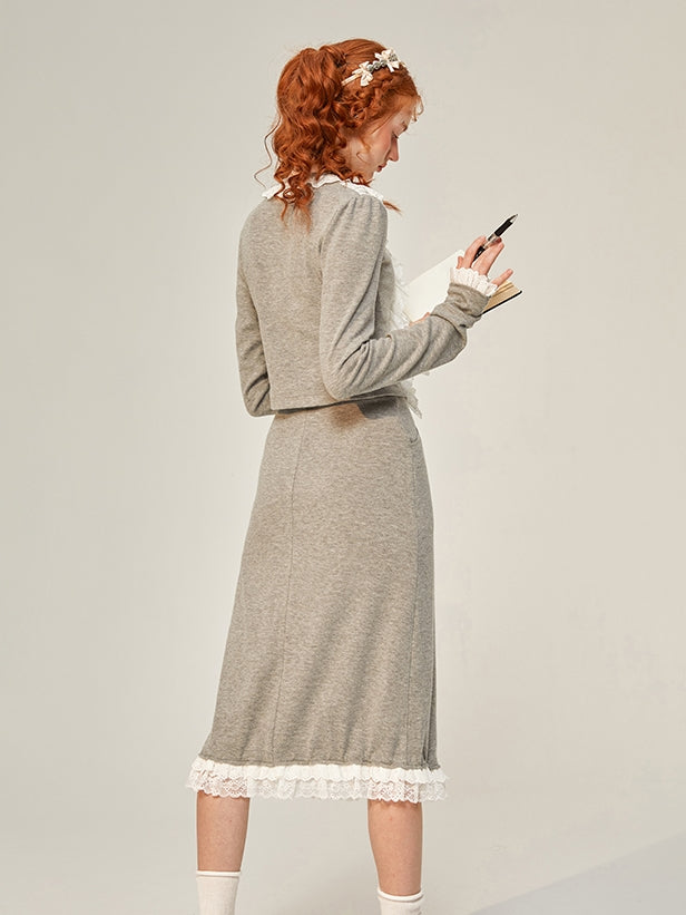 Frill Lace Classy Retro Mature Cardigan &amp; Skirt