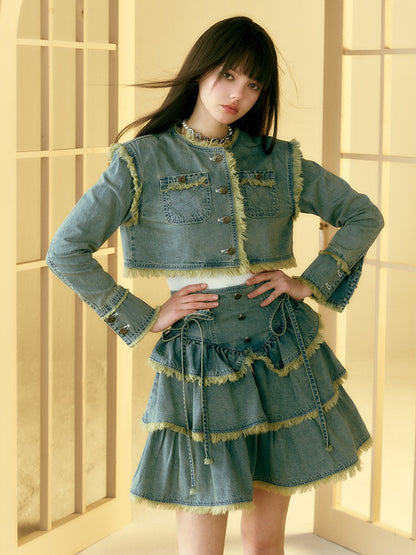 Raw Edge Denim Cake Skirt &amp; Short Jacket