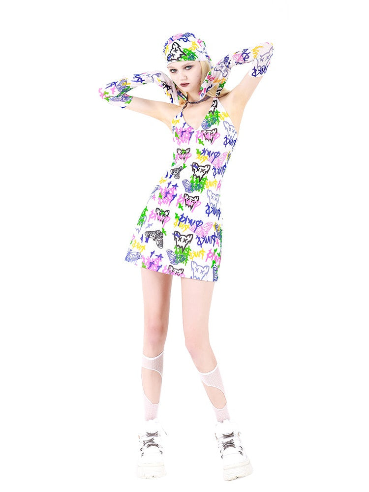 Graffiti Suspenders asymmetrical Necklace Slim Dress with Gloves