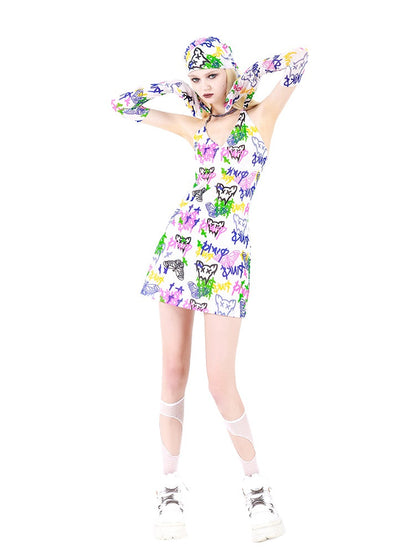 Graffiti Suspenders Asymmetrical Necklace Slim Dress With Gloves