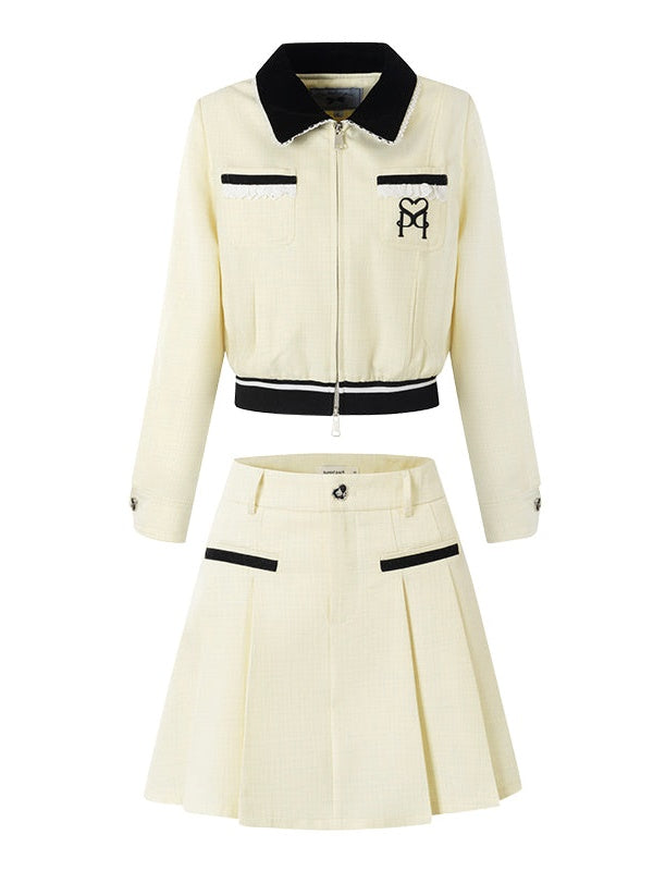 Retro Contrast Color Jacket &amp; Pleat Skirt