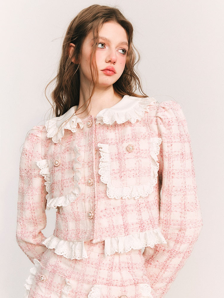 Lace Stitch Plaid Jacket &amp; Half Skirt