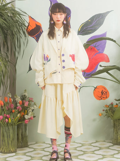 Flower Embroidery Arc-Sleeed Suit Jacket