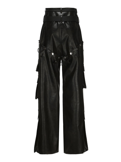 Leather Handsome Wide-leg Side-Pocket Pants