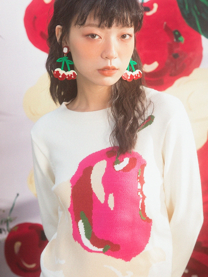 CREAM CHERRY PATTERN ROUND NECK SWEATER