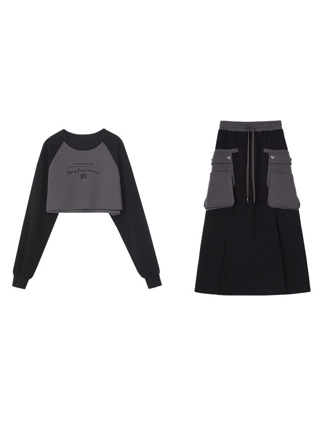 Letter Long-sleeved Cropped Sweat ＆ Skirt