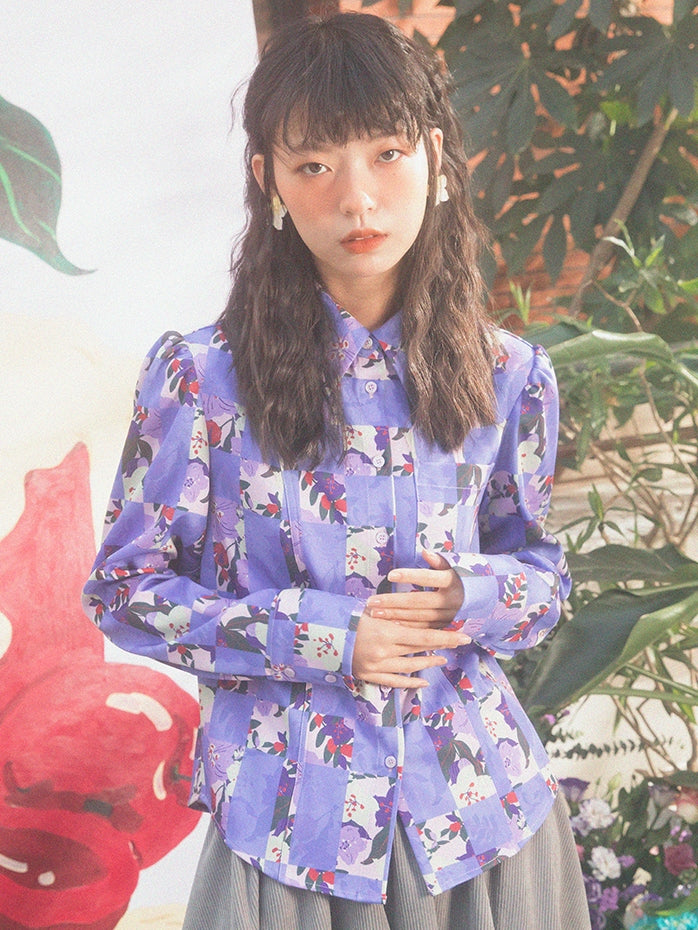 Checkerboard Cherry Blossom Pattern Loose Shirt